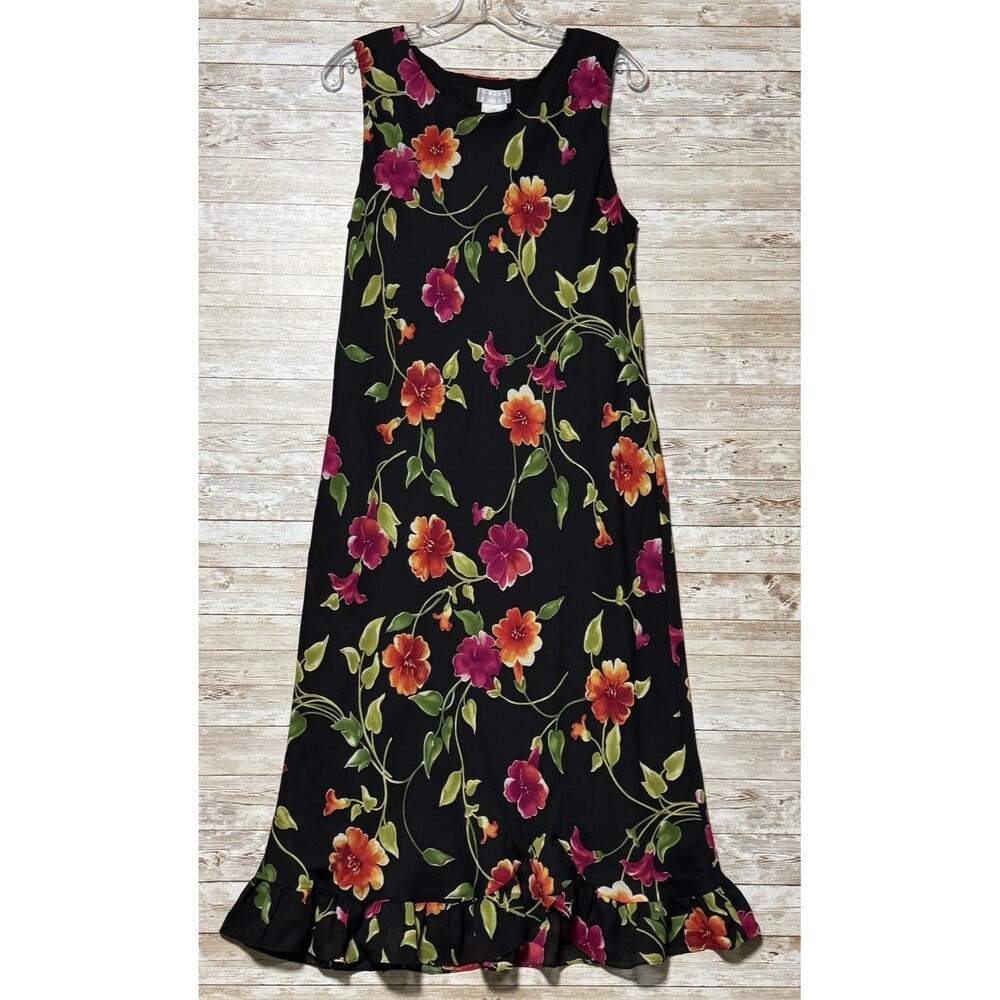 Worthington Black Floral Maxi Sleeveless Dress Womens 16 Ruffle Hem Lined